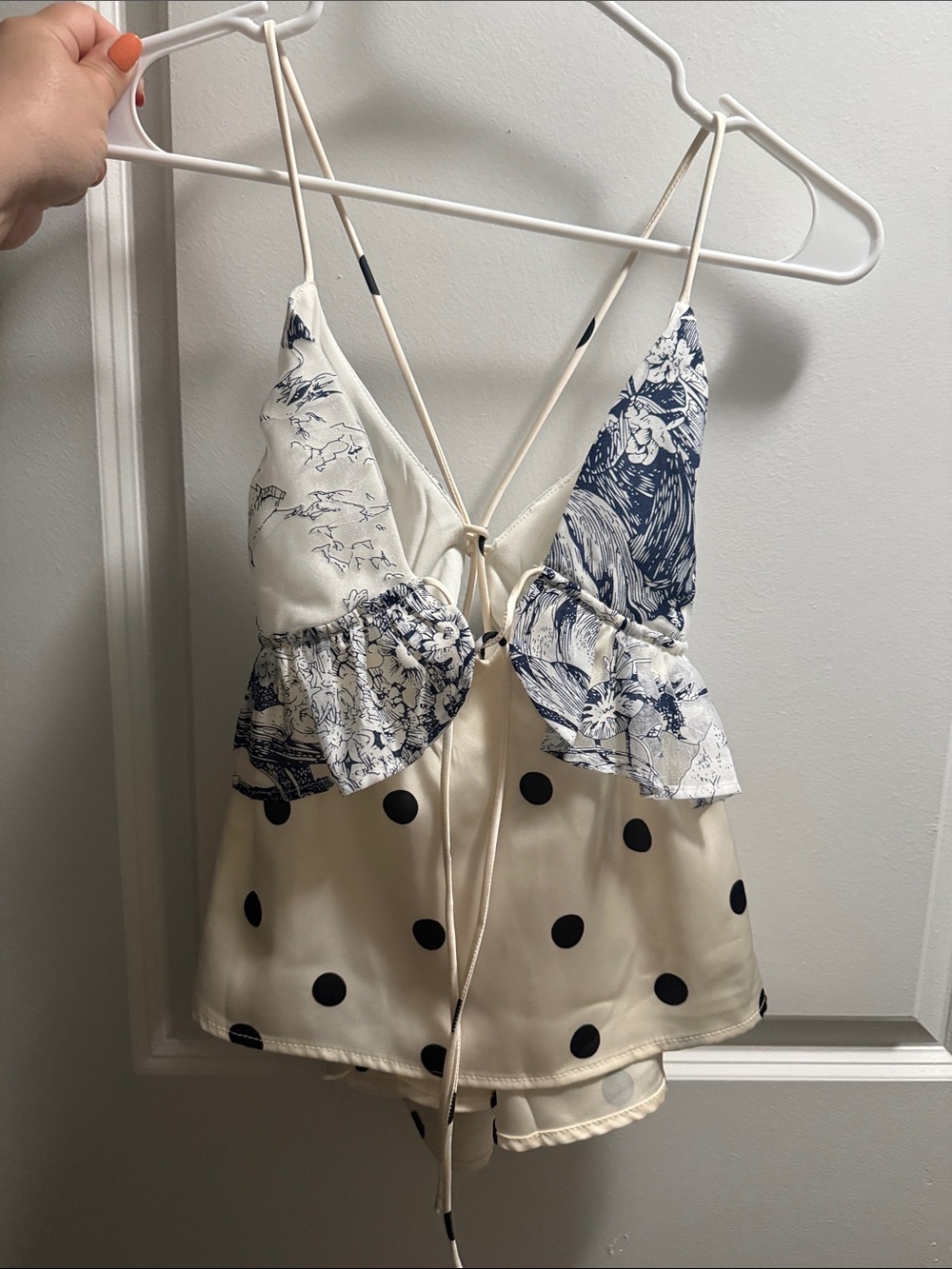 Cream & Navy Floral Polka Dot Satin Cami Set